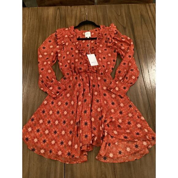 MISA Veruka maravi dots faux wrap Chiffon Long Sleeve Ruffled Mini Dress V Neck - Picture 8 of 12